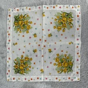 Vintage Floral Hankie Easter Ditsy Flower Tulip Handkerchief Yellow Hanky